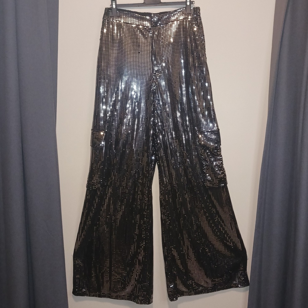 Forever 21 Silver Sequin Grid Wide Leg Cargo‎ Pants Black High Rise S NEW w tags
